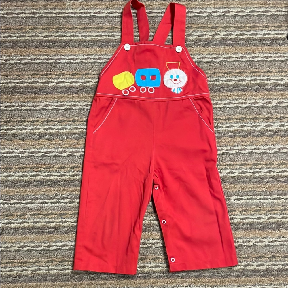 Vintage Red Kids Overalls with Train Design
